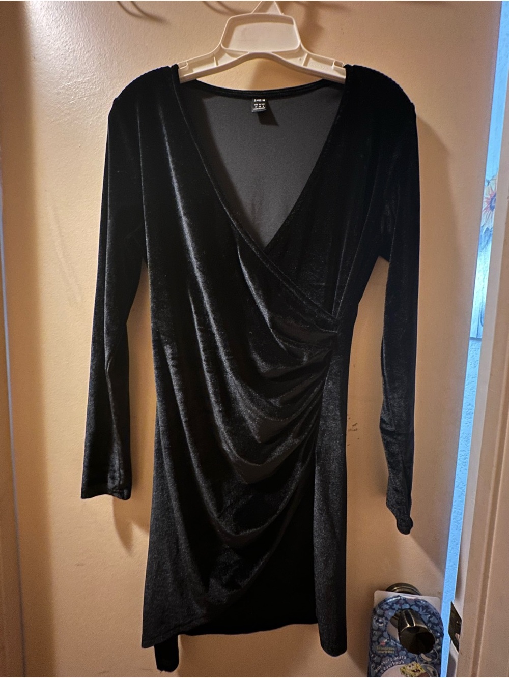 SHEIN Black Velvet Wrap-Front Long Sleeve Dress